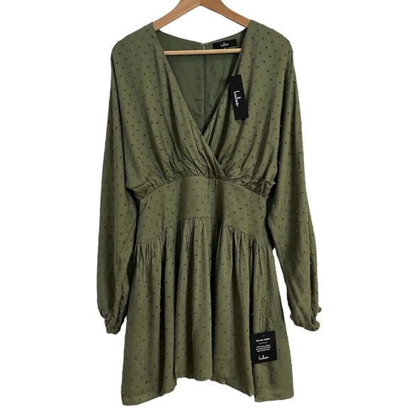 Lulus Women’s Balloon Sleeve Smocked Waist Mini Dress Boho Olive Green Sz M NWT - Picture 1 of 14